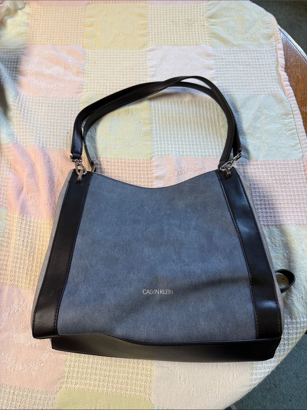 Calvin Klein Blue and Black Suede-Trim Shoulder Bag
